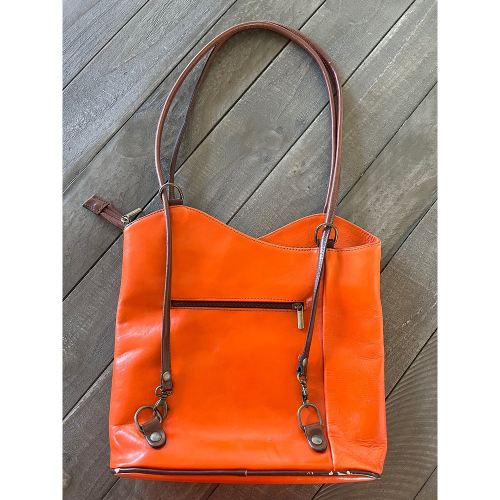 Marias Italian Natural Leather Shoulder Bag Orange Brown Trim Tote Made in Italy